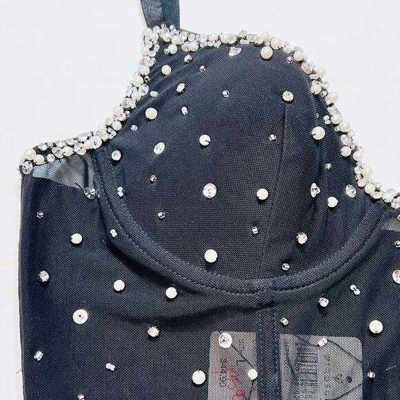 Windsor Halter Corset Top Large Black Spaghetti Strap Pearls Rhinestones New - Picture 2 of 12